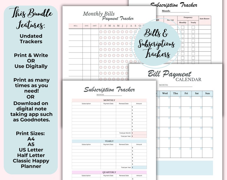 May include: A collection of printable bill and subscription trackers. The pages include undated trackers, monthly bill payment charts, and a calendar. The text on the left side says "This Bundle Features" and lists the features and print sizes.