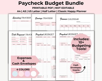 Paycheck Budget Bundle Printable PDF, Finance Planner for Budgeting Binder, Savings Tracker, Debt Tracker, Cash Envelopes, Savings Challenge