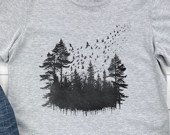 Tree TShirt - Forest Graphic Tee - Gift For Him - Bird Shirt - Gift For Men - Nature T-Shirt - Outdoor Tees