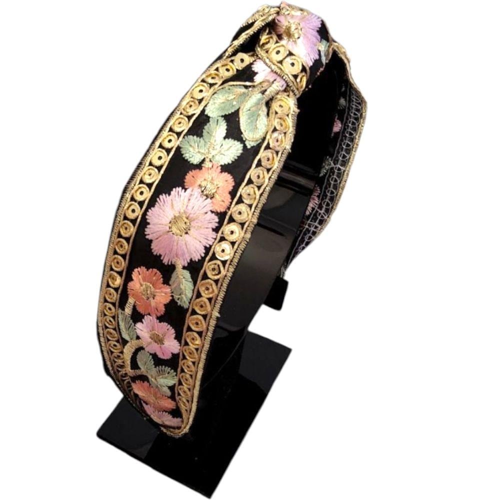 Floral Embroidered Headband - Pink and Gold Petal Knot From Just Jen Collection Floral Embroidered Headband - Pink and Gold Petal Knot From  main image 2