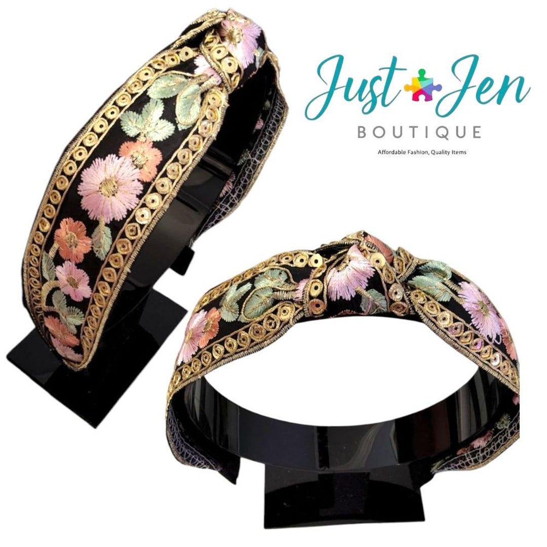 Floral Embroidered Headband - Pink and Gold Petal Knot From  display picture 2