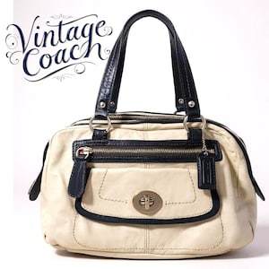 Vintage COACH BONNIE Leather Satchel Dual Zipper Handbag Parchment & Navy #13382 Silky Dust Bag Included With Purchase