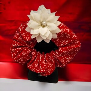 Red Floral Scrunchie with White Pearl Flower
