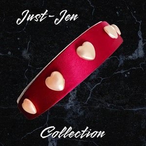 Satin Burgundy Wine Headband with Pearl White Hearts