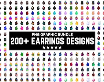 May include: A collection of over 200 digital earring designs in various colours and patterns. The designs are in the shape of a teardrop and feature a variety of themes, including geometric, abstract, and floral.