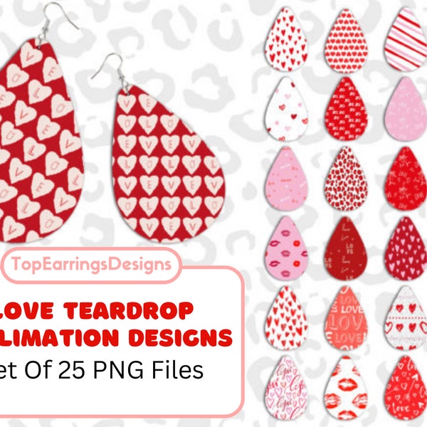 25 HEARTS TEARDROP EARRINGS Bundle, Love Earrings png Sublimation, Pink Red Hearts Earring Designs, Romantic Earrings Template, Digital File