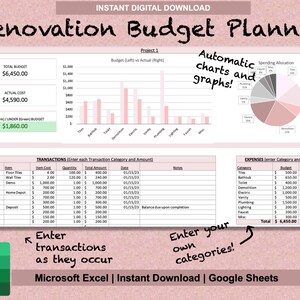 Pu&ograve; includere: Un modello di foglio di calcolo rosa e verde per un pianificatore di budget di ristrutturazione. Il foglio di calcolo include sezioni per il budget totale, il costo effettivo, il budget in eccesso/in difetto, le transazioni e le spese. Il foglio di calcolo include anche un grafico a barre e un grafico a torta.