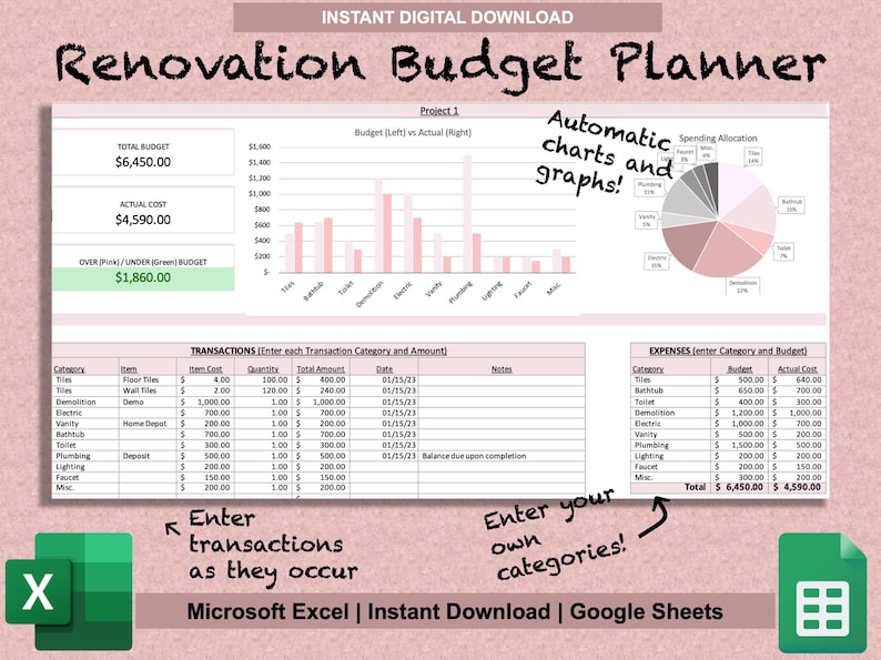Renovation Budget Planner for Excel & Google Sheets DIY Etsy