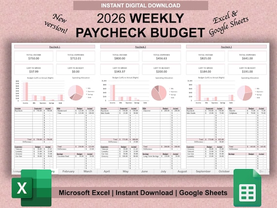 Weekly Paycheck Budget Tracker Spreadsheet | Budget by Paycheck | Weekly Budget Planner Template | Google Sheets | Microsoft Excel