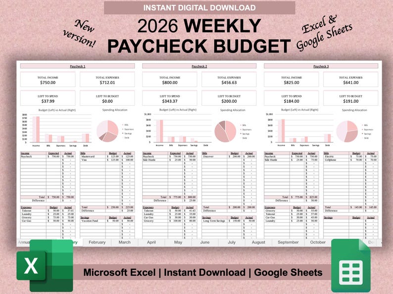 Weekly Paycheck Budget Tracker Spreadsheet | Budget by Paycheck | Weekly Budget Planner Template | Google Sheets | Microsoft Excel image 1
