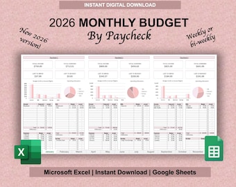Monthly Budget Spreadsheet by Paycheck Template, Biweekly Weekly Budget Planner, Transaction Tracker, Personal Finance, Google Sheets, Excel