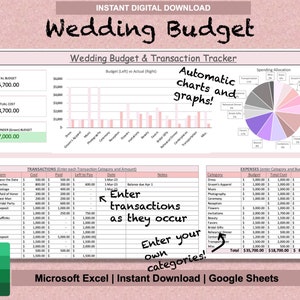 Pakiet arkuszy kalkulacyjnych dla organizatora ślubu | Szablon budżetu, planu rozmieszczenia gości i listy gości | Arkusze Google i Microsoft Excel
