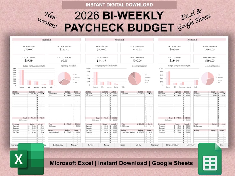 2026 Paycheck Tracker Planner | Monthly Budget Tracker | Bi-Weekly Paycheck Planner | Budget by Paycheck | Excel Spreadsheet | Google Sheets image 1