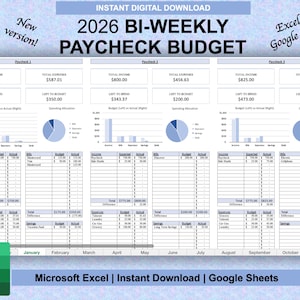 May include: A digital bi-weekly paycheck budget template for 2026, designed for Excel and Google Sheets. The document features sections for income, expenses, and budget tracking, with charts and graphs for visual analysis. The template includes the text "Instant Digital Download".