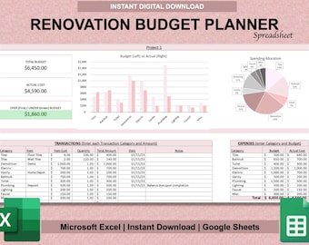 Renovation Budget Planner for Excel & Google Sheets | DIY Planner | Home Renovation Project Budget Template | Renovation Tracker Spreadsheet