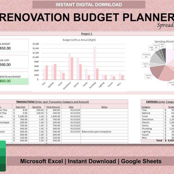 Renovation Budget Planner for Excel & Google Sheets | DIY Planner | Home Renovation Project Budget Template | Renovation Tracker Spreadsheet