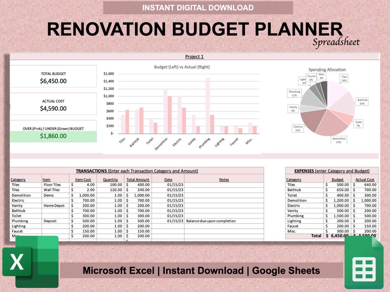 Renovation Budget Planner for Excel & Google Sheets DIY Planner Home