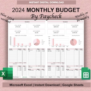 Monthly Budget Spreadsheet by Paycheck Template, Biweekly Weekly Budget Planner, Transaction Tracker, Personal Finance, Google Sheets, Excel
