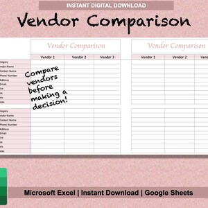 Pu&ograve; includere: Un foglio di calcolo di confronto dei fornitori stampabile in formato Microsoft Excel e Google Sheets. Il foglio di calcolo ha colonne per categoria, nome del fornitore, nome del contatto, numero di telefono, indirizzo, e-mail, prezzo, pro, contro e note. Il foglio di calcolo &egrave; progettato per aiutarti a confrontare diversi fornitori prima di prendere una decisione.
