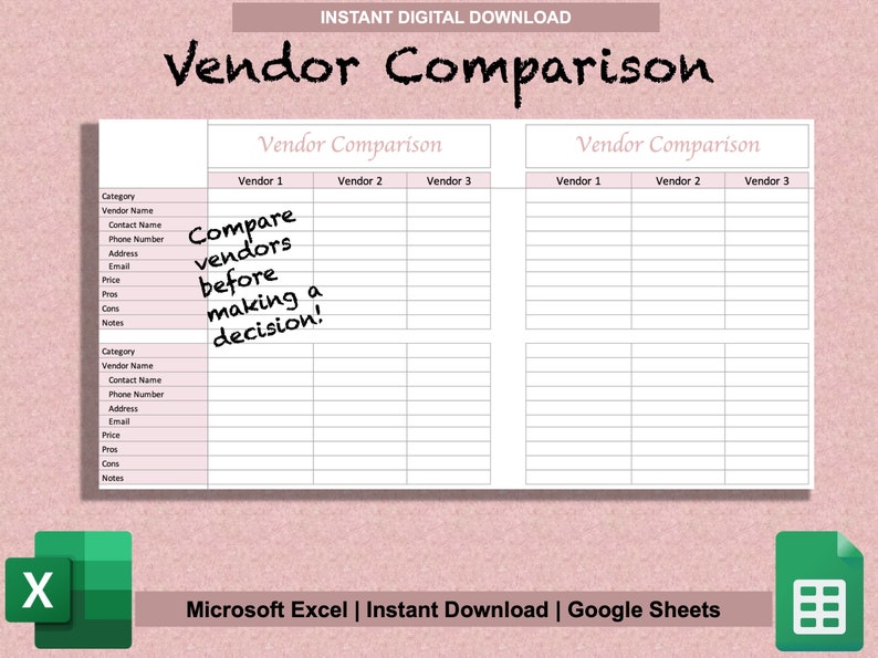 Pu&ograve; includere: Un foglio di calcolo di confronto dei fornitori stampabile in formato Microsoft Excel e Google Sheets. Il foglio di calcolo ha colonne per categoria, nome del fornitore, nome del contatto, numero di telefono, indirizzo, e-mail, prezzo, pro, contro e note. Il foglio di calcolo &egrave; progettato per aiutarti a confrontare diversi fornitori prima di prendere una decisione.