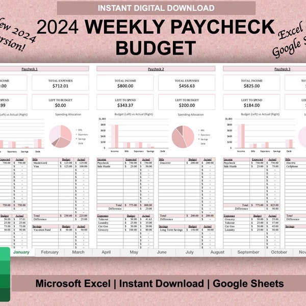 Feuille de calcul hebdomadaire de suivi du budget des chèques de paie | Budget par chèque de paie | Modèle de planificateur de budget hebdomadaire | Feuilles de calcul Google | Microsoft Excel