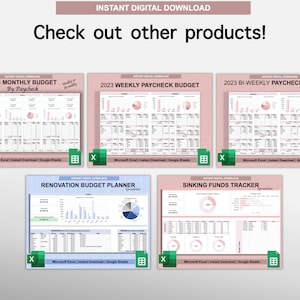 Peut inclure: Une collection de six feuilles de calcul de budget imprimables au format Excel et Google Sheets. Les feuilles de calcul sont con&ccedil;ues pour suivre les budgets mensuels, hebdomadaires, bi-hebdomadaires, de r&eacute;novation et de fonds de pr&eacute;voyance. Les feuilles de calcul comprennent des graphiques et des diagrammes pour visualiser les d&eacute;penses et les &eacute;conomies.