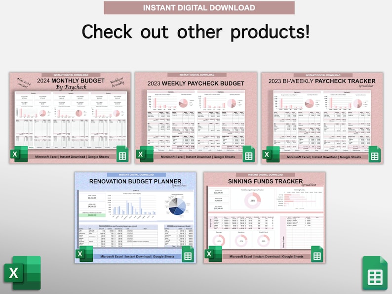 Peut inclure: Une collection de six feuilles de calcul de budget imprimables au format Excel et Google Sheets. Les feuilles de calcul sont con&ccedil;ues pour suivre les budgets mensuels, hebdomadaires, bi-hebdomadaires, de r&eacute;novation et de fonds de pr&eacute;voyance. Les feuilles de calcul comprennent des graphiques et des diagrammes pour visualiser les d&eacute;penses et les &eacute;conomies.