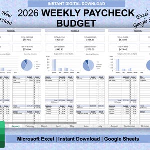 May include: A digital download of a 2026 weekly paycheck budget spreadsheet. The spreadsheet includes sections for income, expenses, and budget tracking, with charts and graphs. The image also includes the text "Microsoft Excel | Instant Download | Google Sheets."
