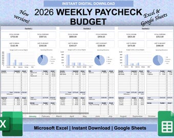 Weekly Budget Spreadsheet | Paycheck Budget | Bi Weekly Budget Planner Template | Monthly Budget | Google Sheets | Microsoft Excel | GBP USD