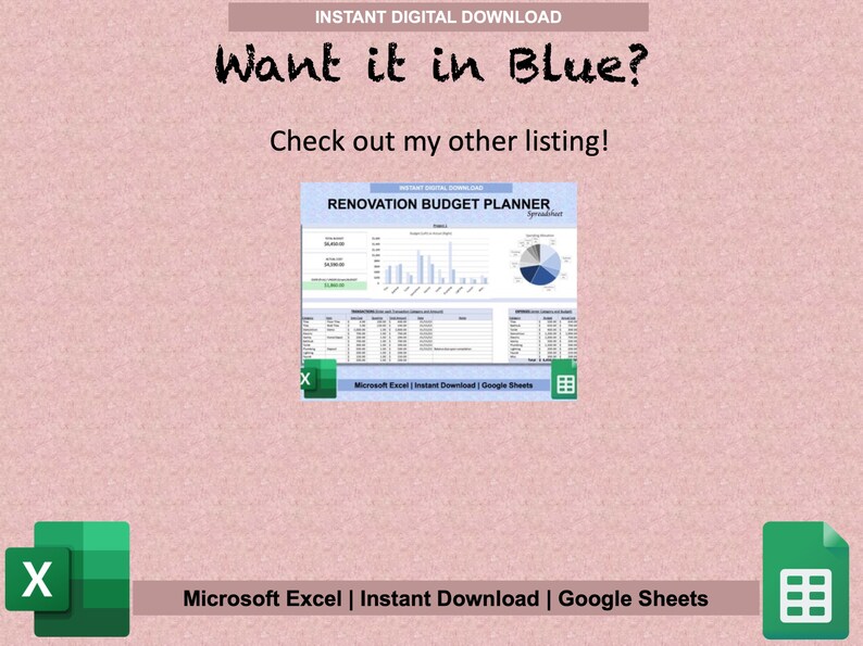 Pu&ograve; includere: Un download digitale per un foglio di calcolo di pianificazione del budget di ristrutturazione. Il foglio di calcolo &egrave; in formato Microsoft Excel e Google Sheets. Il foglio di calcolo include un grafico e una tabella. Il testo "INSTANT DIGITAL DOWNLOAD" e "RENOVATION BUDGET PLANNER" &egrave; visibile nell'immagine. Il testo "Want it in Blue?" &egrave; visibile nella parte superiore dell'immagine. Il testo "Check out my other listing!" &egrave; visibile sotto il testo "Want it in Blue?".
