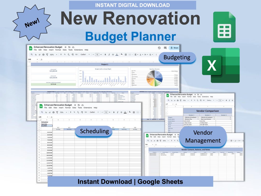 Renovation Budget Planner for Google Sheets & Excel | DIY Planner ...