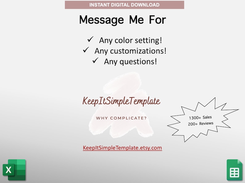 Peut inclure: Un graphique de t&eacute;l&eacute;chargement num&eacute;rique avec le texte "Message Me For" et une liste d'options de personnalisation&nbsp;: "Any color setting&nbsp;!", "Any customizations&nbsp;!", "Any questions&nbsp;!" Le graphique comprend &eacute;galement le texte "Keep It SimpleTemplate" et l'adresse du site Web "KeepltSimpleTemplate.etsy.com".