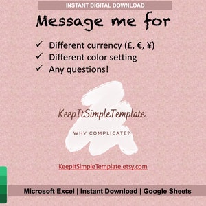Pu&ograve; includere: Uno sfondo rosa con testo bianco che dice "Message me for" seguito da un elenco di opzioni: "Different currency (&pound;, &euro;, &yen;)", "Different color setting", e "Any questions!" Sotto il testo c'&egrave; uno schizzo di vernice bianca con il testo "Keep It SimpleTemplate" e "WHY COMPLICATE?" Sotto c'&egrave; un link a KeepItSimpleTemplate.etsy.com. La parte inferiore dell'immagine mostra icone per Microsoft Excel e Google Sheets.