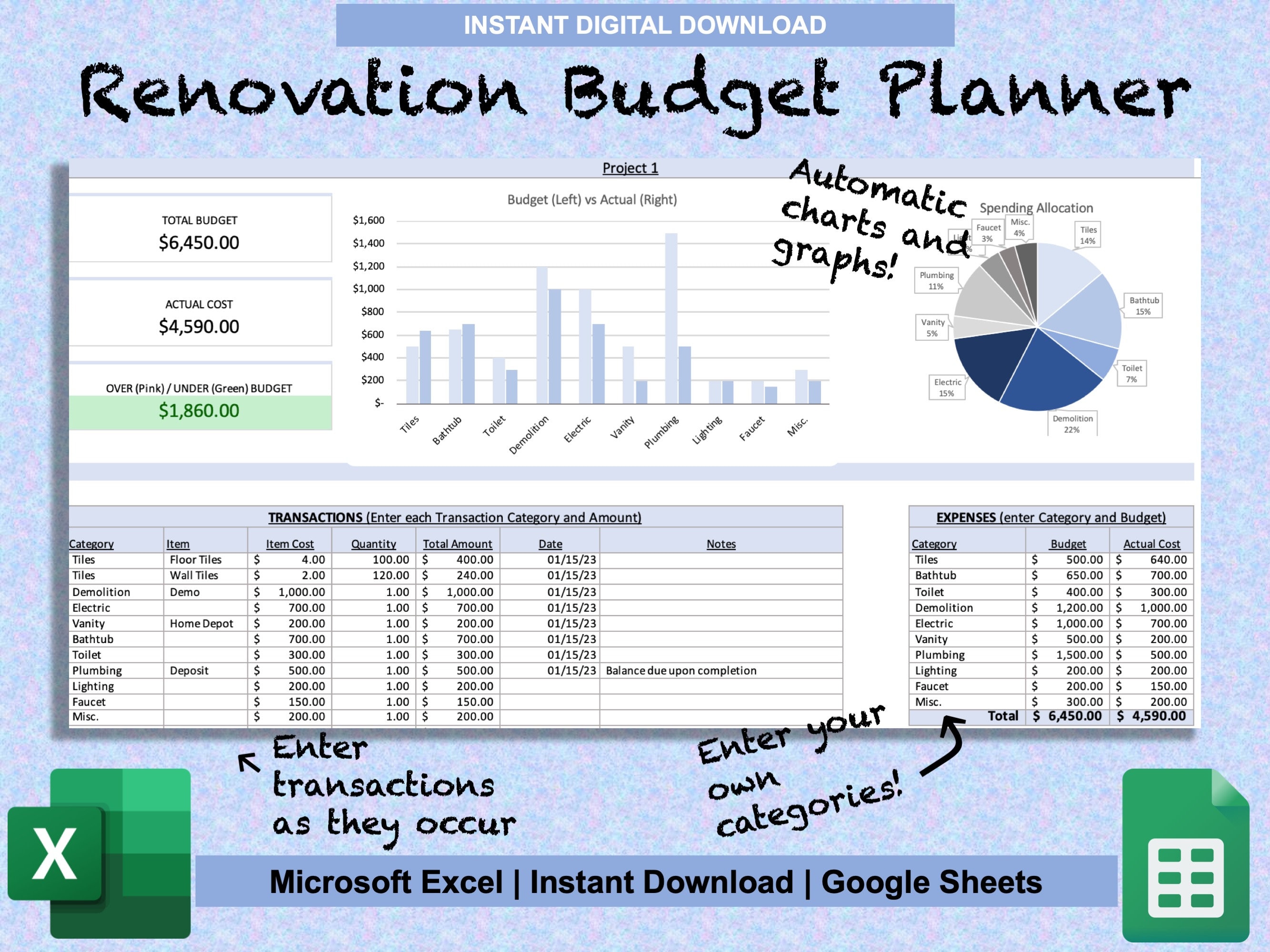 Home Renovation Budget Planner for Excel & Google Sheets | DIY Planner ...