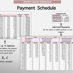 Peut inclure: Une feuille de calcul avec un calendrier de paiement pour 15 dettes. La feuille de calcul affiche le solde initial, le paiement minimum, le taux d'int&eacute;r&ecirc;t et la date de remboursement pr&eacute;vue pour chaque dette. La feuille de calcul comprend &eacute;galement un calculateur de boule de neige pour suivre l'impact des paiements suppl&eacute;mentaires sur les soldes projet&eacute;s.