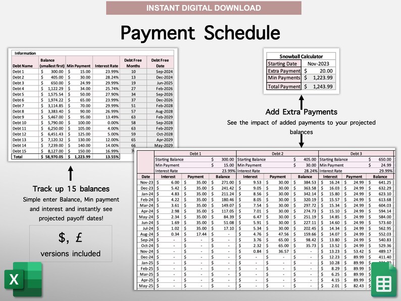 Peut inclure: Une feuille de calcul avec un calendrier de paiement pour 15 dettes. La feuille de calcul affiche le solde initial, le paiement minimum, le taux d'int&eacute;r&ecirc;t et la date de remboursement pr&eacute;vue pour chaque dette. La feuille de calcul comprend &eacute;galement un calculateur de boule de neige pour suivre l'impact des paiements suppl&eacute;mentaires sur les soldes projet&eacute;s.