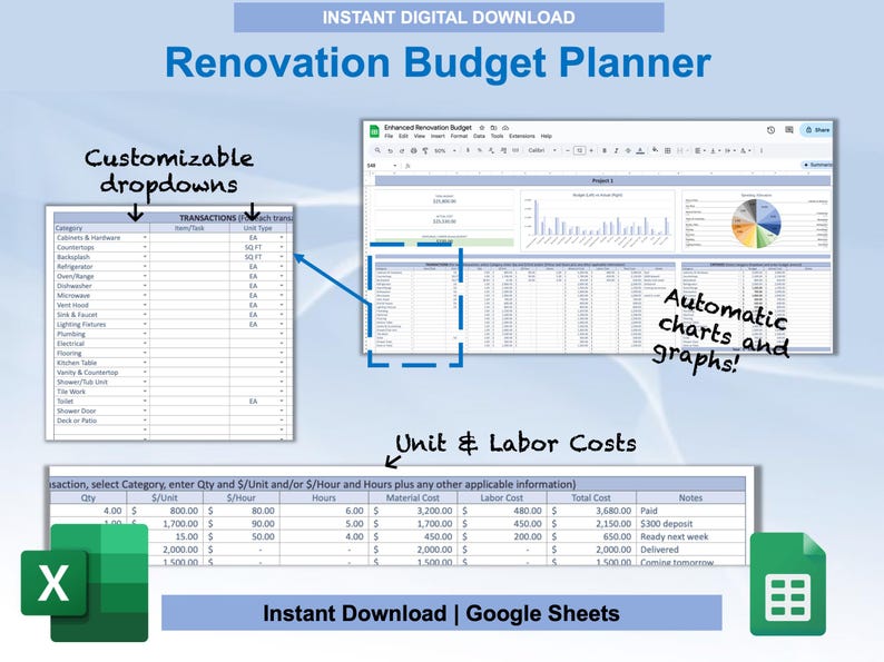 Renovation Budget Planner for Google Sheets & Excel | DIY Planner ...