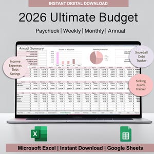Ultimate Annual Budget Spreadsheet | Budget Bundle | Monthly Weekly Biweekly Paycheck Planner | Debt Tracker | Microsoft Excel Google Sheets