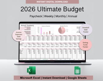 Ultimate Annual Budget Spreadsheet | Budget Bundle | Monthly Weekly Biweekly Paycheck Planner | Debt Tracker | Microsoft Excel Google Sheets