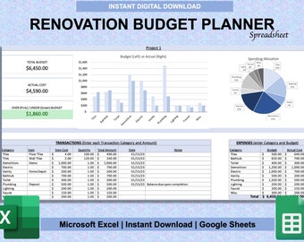 Home Renovation Budget Planner for Excel & Google Sheets | DIY Planner | Renovation Project Budget Template | Renovation Tracker Spreadsheet