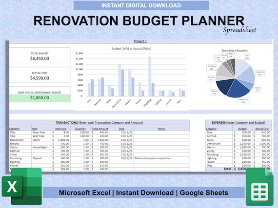 Home Renovation Budget Planner for Excel & Google Sheets | DIY Planner | Renovation Project Budget Template | Renovation Tracker Spreadsheet