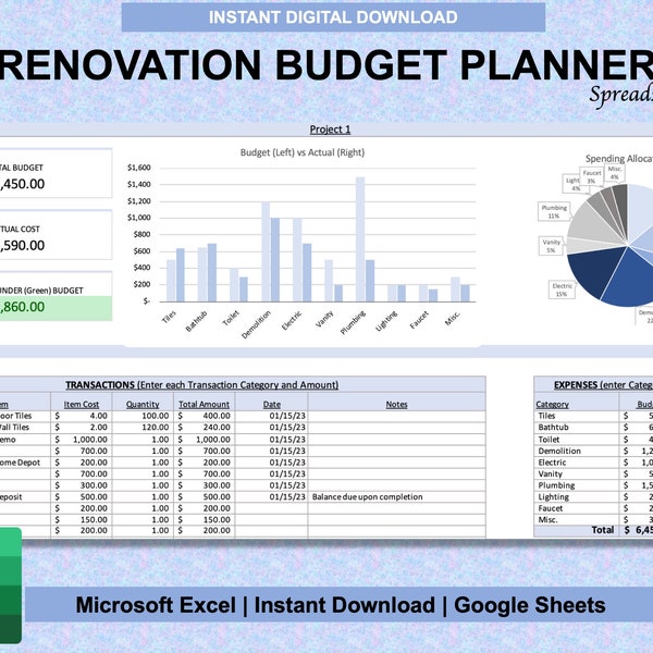 Pianificatore di budget per ristrutturazioni domestiche per fogli Excel e Google / Pianificatore fai-da-te / Modello di budget per progetti di ristrutturazione / Foglio di calcolo per il monitoraggio delle ristrutturazioni