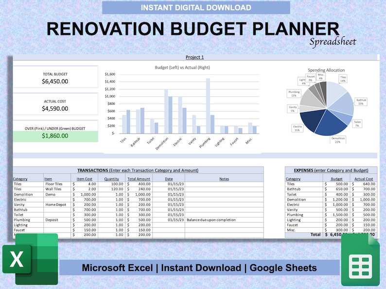 Home Renovation Budget Planner for Excel & Google Sheets DIY Planner