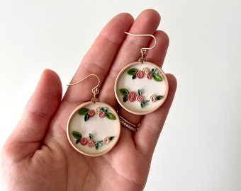 Pink Embroidery Inspired Floral Earrings | Lightweight Hypoallergenic Polymer Clay Earrings