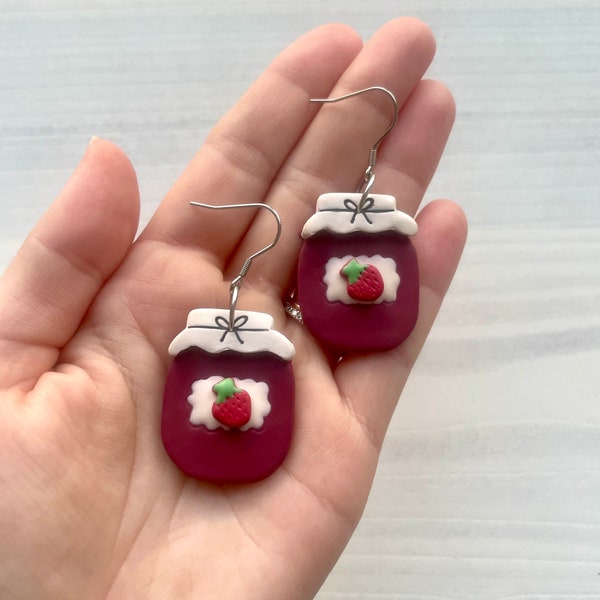 Strawberry Jam Jar Earrings | Valentine Earrings | Food Earrings | Gift for Women | Lightweight Hypoallergenic Polymer Clay Earrings