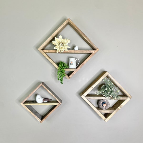 Diamond Wooden Display Shelves Rustic Style Shelves Geometric Wall Shelves reclaimed wood shelves triangle floating shelf