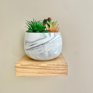 May include: A white marble planter with a variety of green succulents and red flowers sits on a wooden shelf.