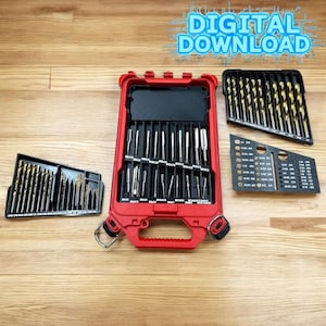 May include: A red plastic case with a black interior holds a set of drill bits and tap and die sets. The case has a handle and two latches. The drill bits are organized in a black plastic tray with a grid of slots. The tap and die sets are organized in a separate black plastic tray with a grid of slots. The case is labeled "DIGITAL DOWNLOAD".