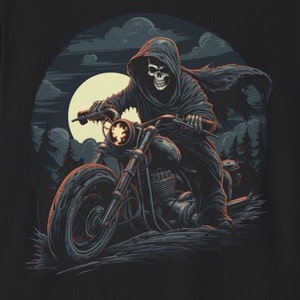 Ride with the Reaper: Graphic Tee Featuring the Grim Kreeper on a Motorcycle