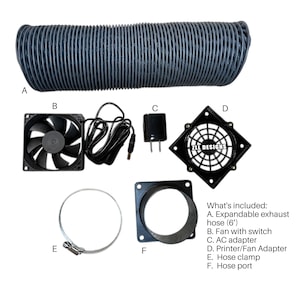 May include: An assortment of components for a printer or fan system. Includes a black expandable exhaust hose, a fan with a switch, an AC adapter, a printer/fan adapter, a hose clamp, and a hose port. The exhaust hose is approximately 6 feet long.